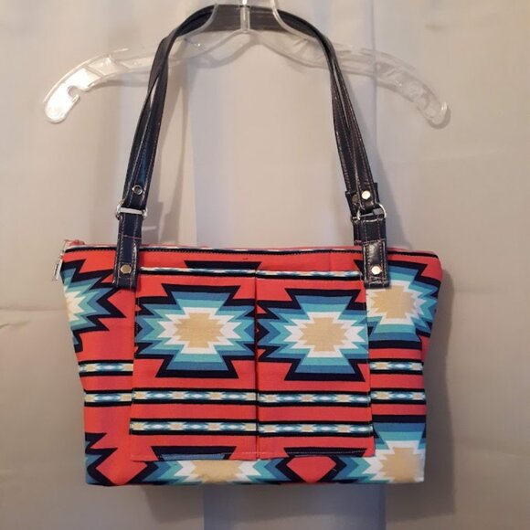 New Southwestern geometric Pink Turquoise Cowgirl Double Handle Satchel Bag Boh - Picture 3 of 10